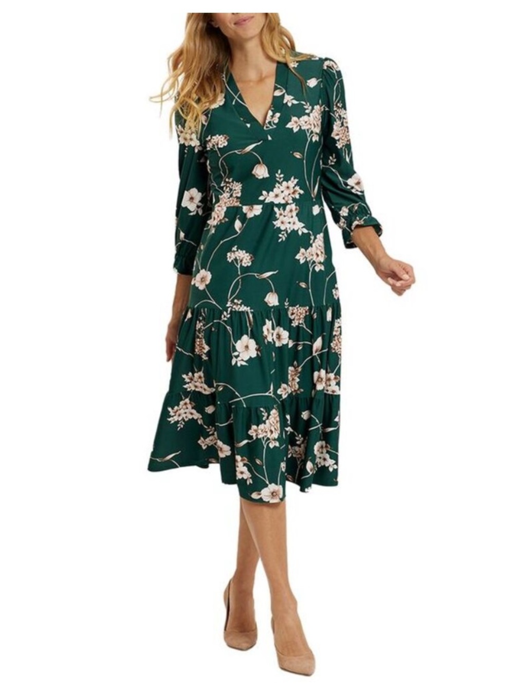 Jude Connally Maggie Tiered Midi Dress Jude Cloth Stretchy Green Floral Size L